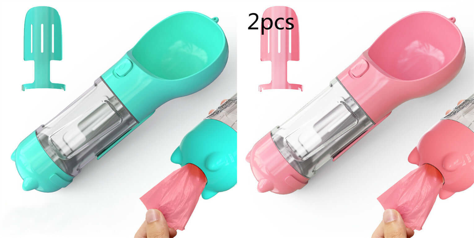 Bouteille d'eau portable pour animaux 3 en 1, coloris bleu et rose, avec accessoires pratiques.