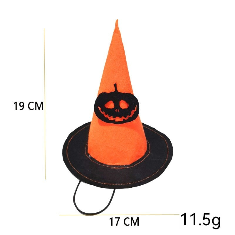 Chapeau de sorcière Halloween orange avec un visage de citrouille, idéal pour costume d'animal ou décorations.