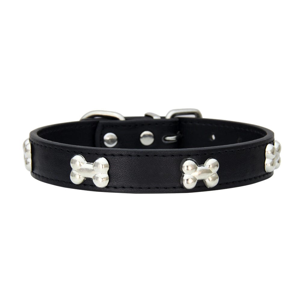 Collier pour chien en cuir PU noir avec décorations en forme d'os, parfait pour le style et le confort de votre animal.
