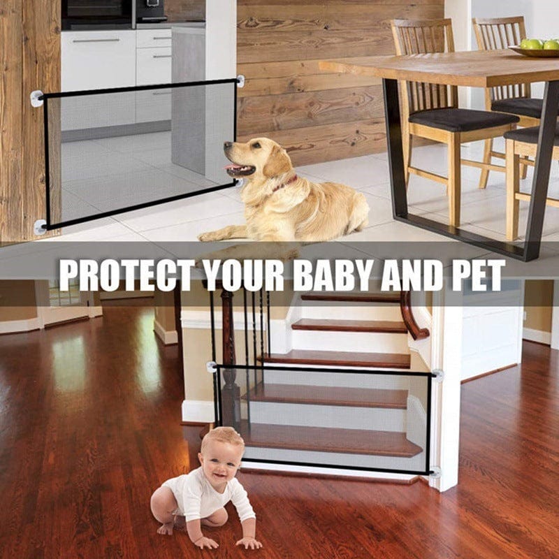 Portable and foldable pet isolation gate keeping dog safe from stairs and child-friendly space.