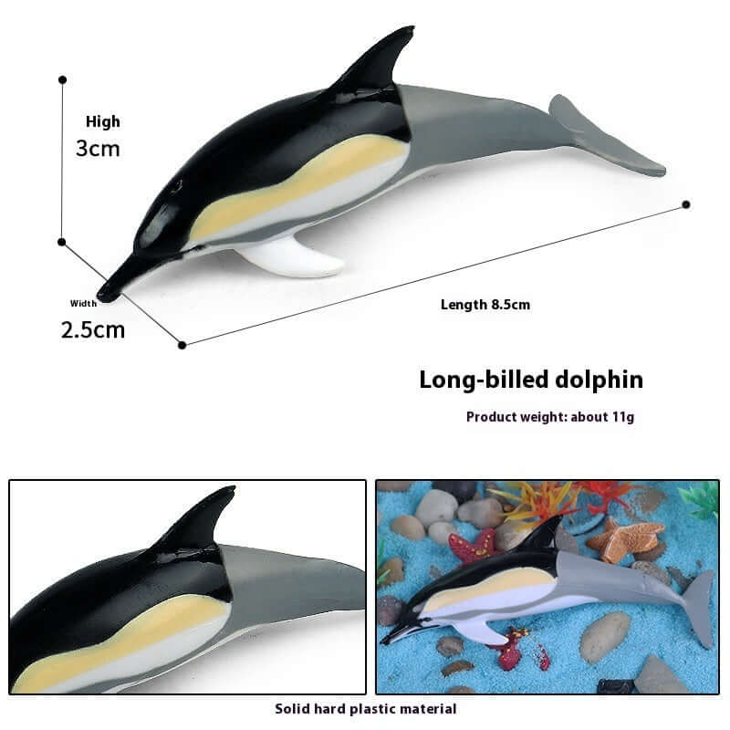Modèle de dauphin à long bec en plastique, jouet éducatif pour enfants, dimensions 3cm x 8.5cm, design réaliste.