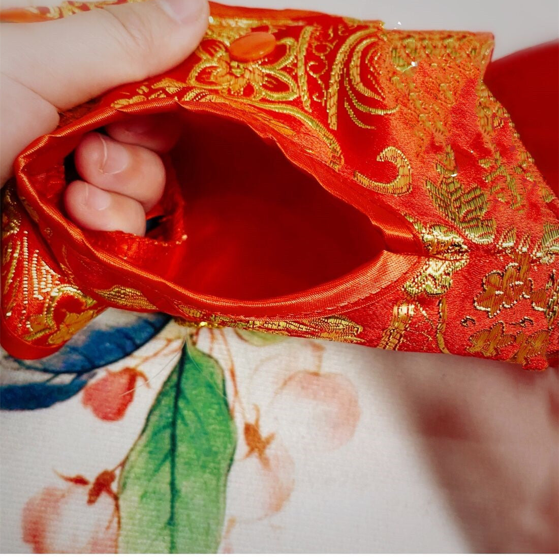 Détail de la robe Tang pour chien avec motifs dorés et doublure rouge éclatante.