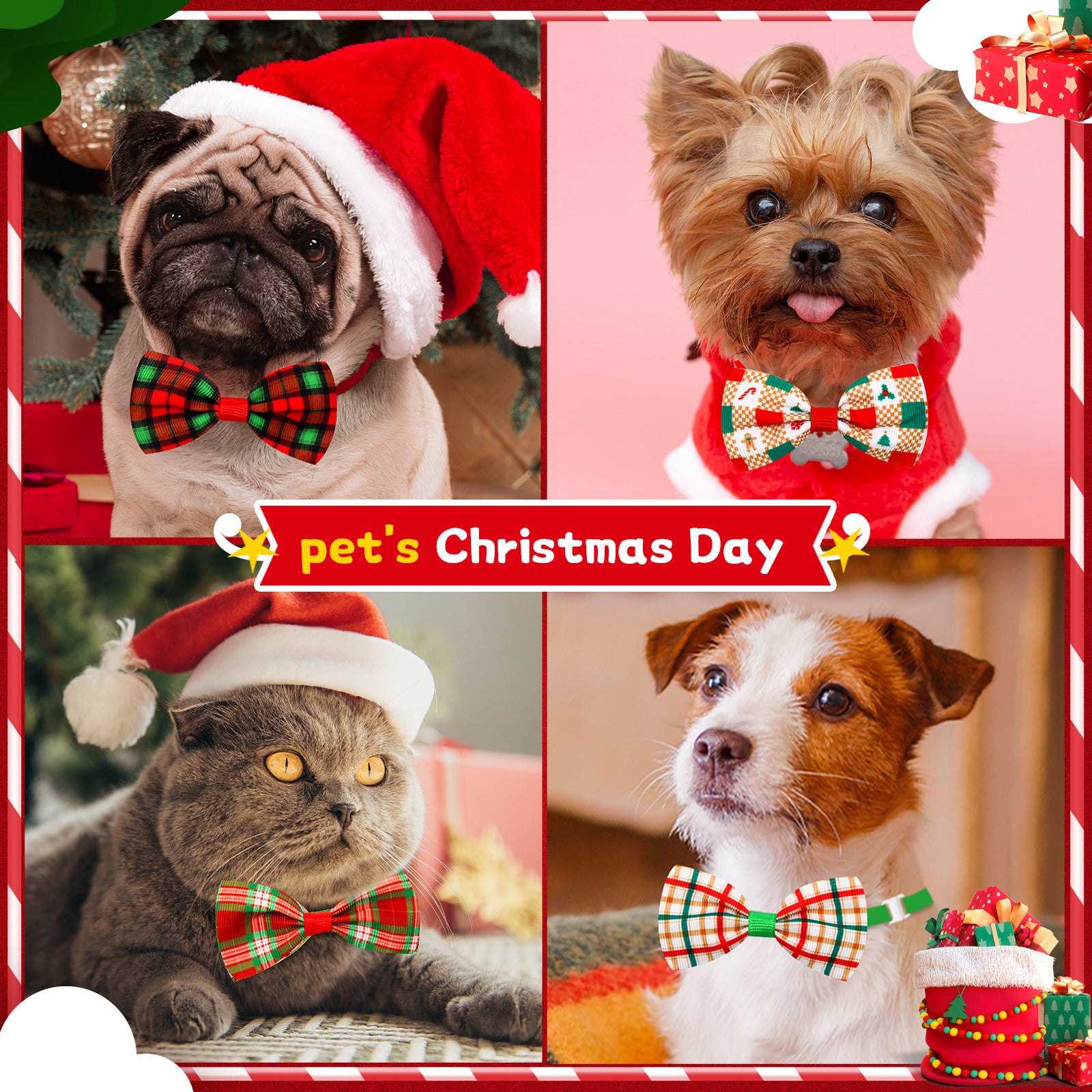 Quatre animaux de compagnie portant des nœuds papillon à rayures plaid de Noël pour un style festif.