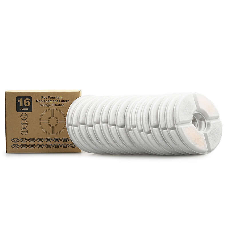 Pack de 16 filtres de remplacement pour fontaine à eau pour animaux, filtration en 3 étapes.