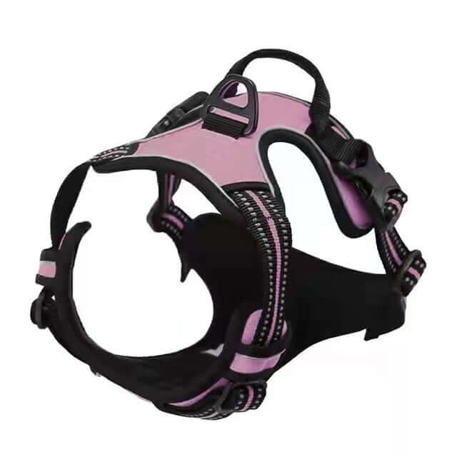 Harnais de sécurité pour chien en couleur rose, conçue pour un confort et soutien optimal lors des sorties.