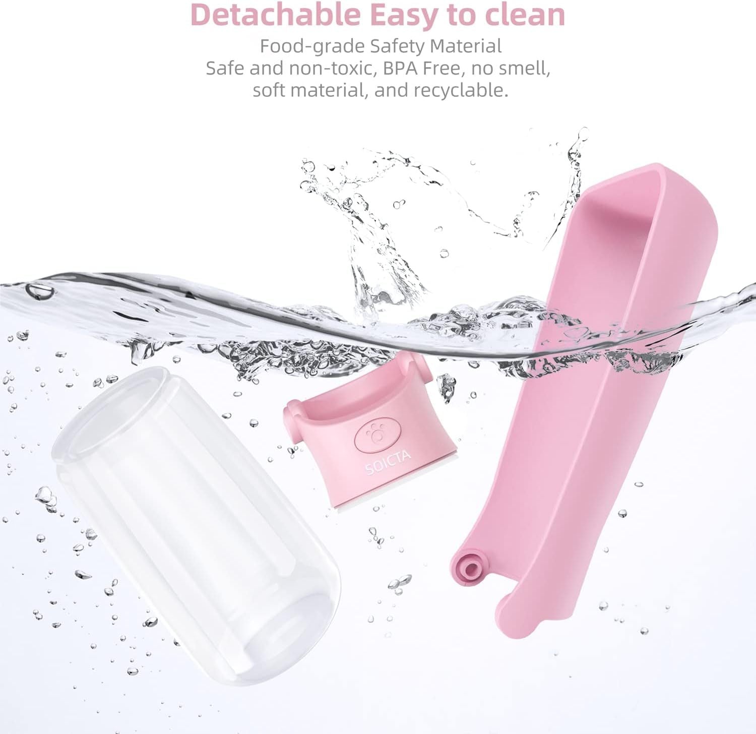 Bouteille d'eau portable pour chiens en rose, fabriquée en matériau sûr et recyclable, flottant dans l'eau.