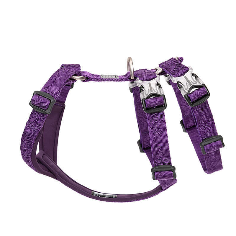 Harnais en nylon pour chien, confortable et sécurisé, en couleur violette, avec boucles réglables.