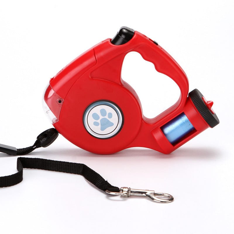 Laisse rétractable pour chien rouge avec lampe torche intégrée et gestion de longueur.
