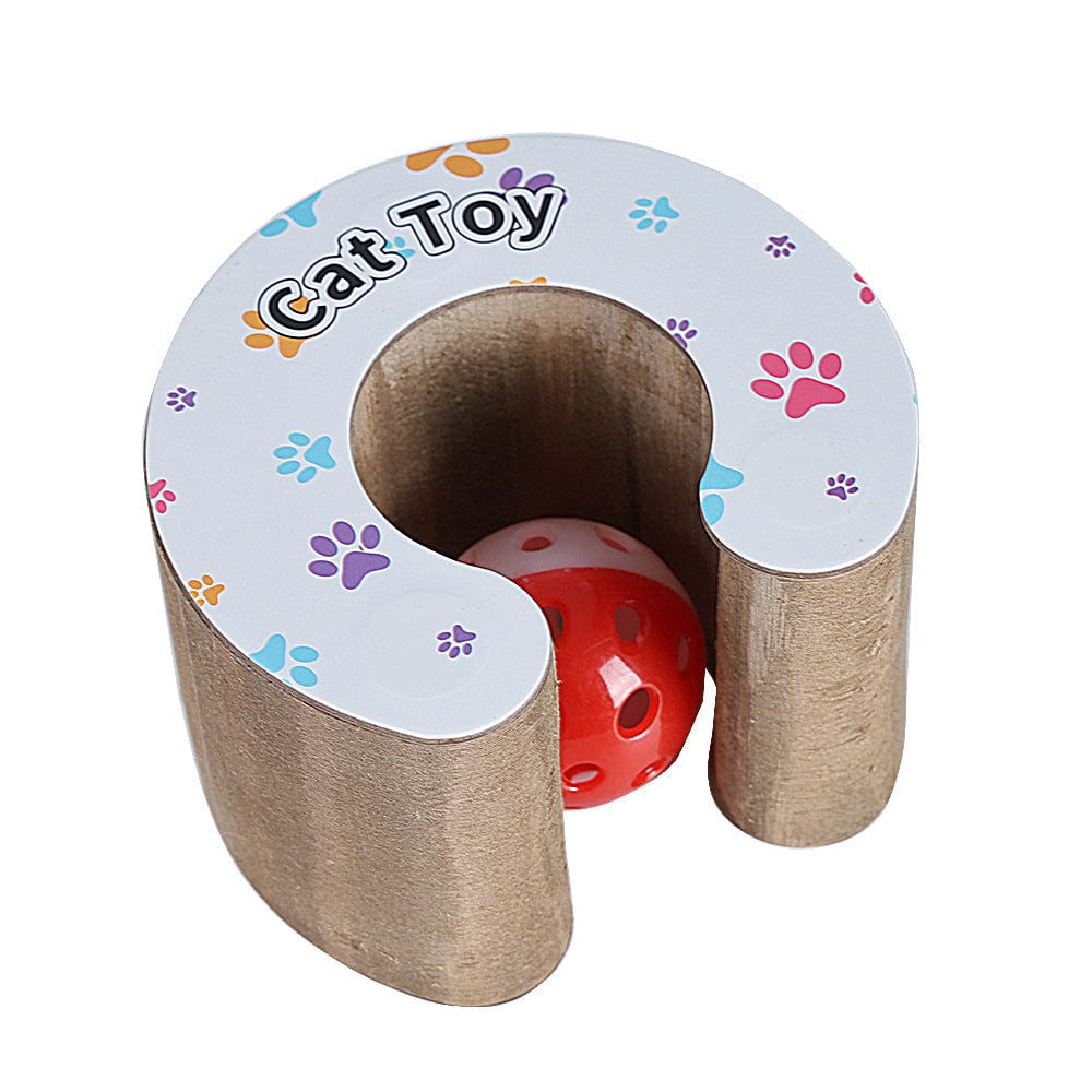 Jouet pour chat en forme de U avec une balle rouge à l'intérieur, parfait pour divertir votre félin avec des heures de jeu.
