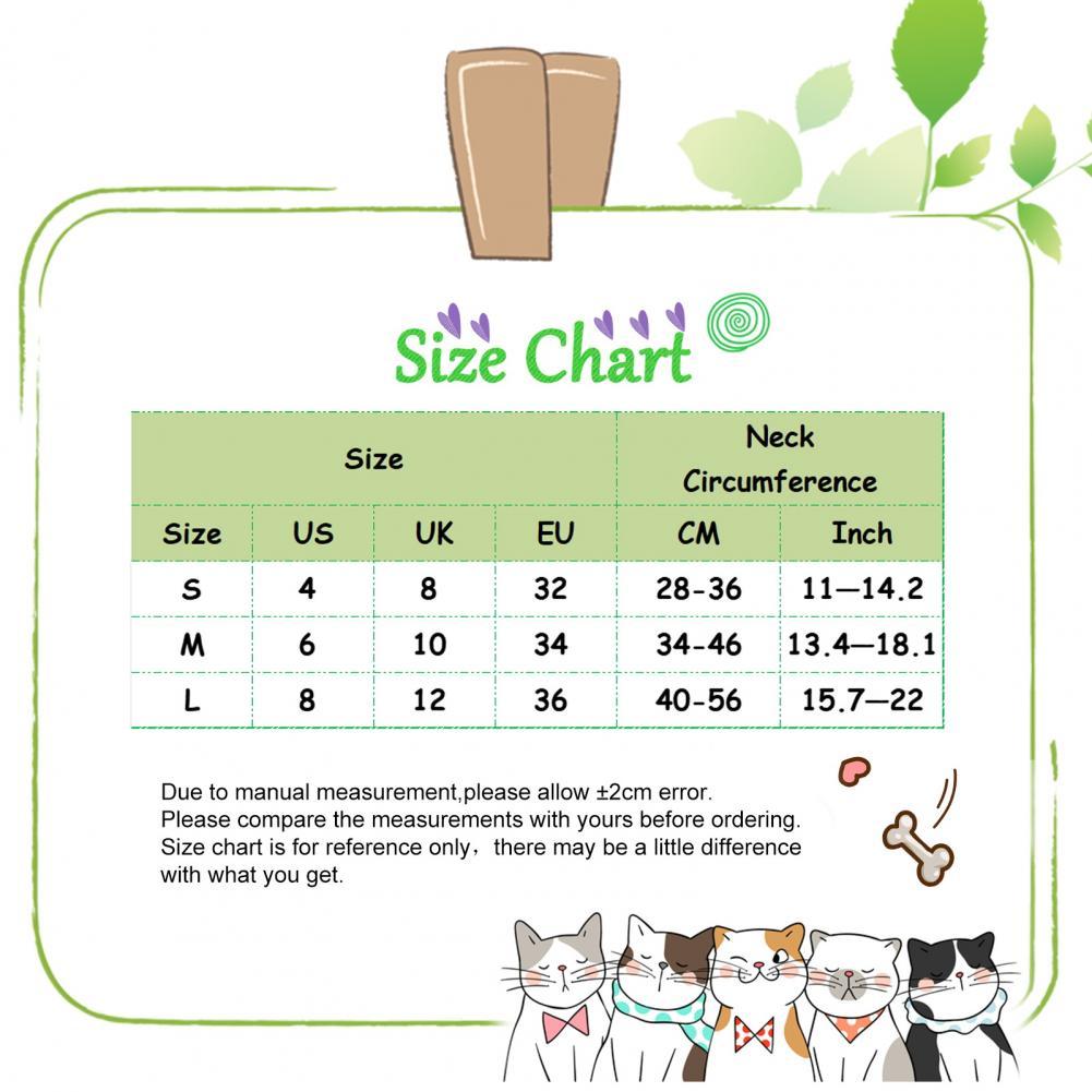 Size chart for adjustable dog collars, showing neck circumference in cm and inches, suitable for different sizes.