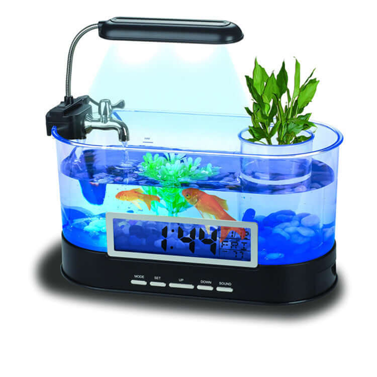 Mini aquarium USB avec horloge, alarme, plantes et éclairage LED pour un bureau moderne.