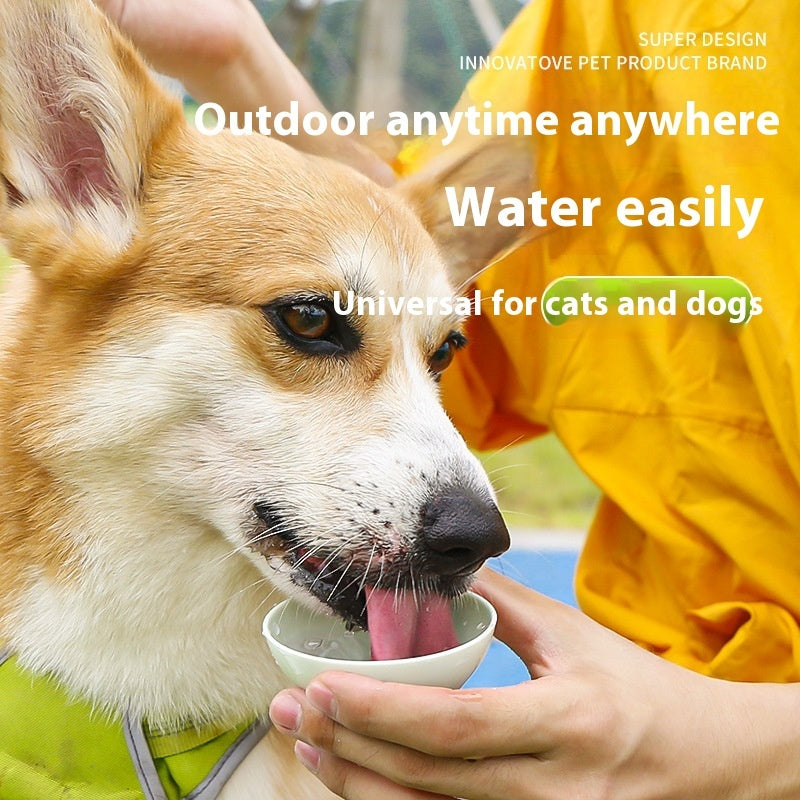 Corgi drinking from a portable water bowl during outdoor activity, showcasing convenience for pets.
