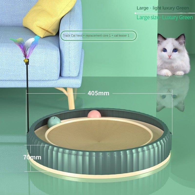 Planche à gratter ronde pour chat avec jouets interactifs, coussin confortable et design moderne en vert.
