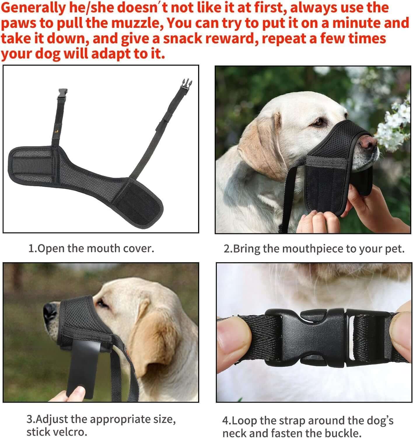 Instructions on how to fit a mesh muzzle for dogs, ensuring comfort and safety during use.