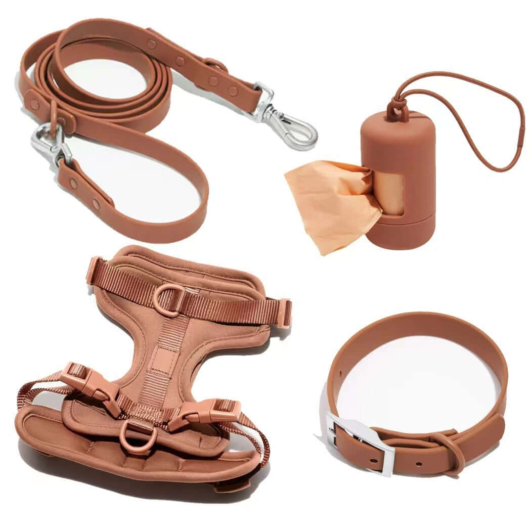 Ensemble de harnais à poitrine, laisse et accessoires en PVC pour chien dans des tons de brun.