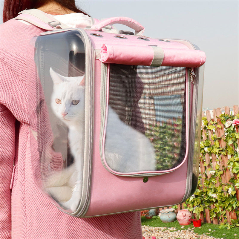 Sac à dos de transport pour chat en forme de capsule spatiale, avec un chat blanc dedans.