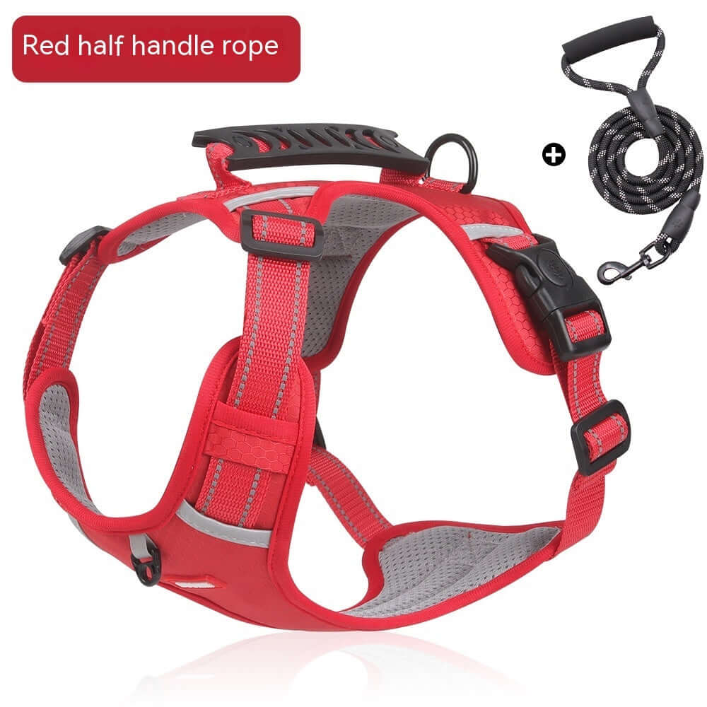 Harnais de sécurité rouge pour animaux avec poignée, idéal pour la marche et le contrôle des animaux.