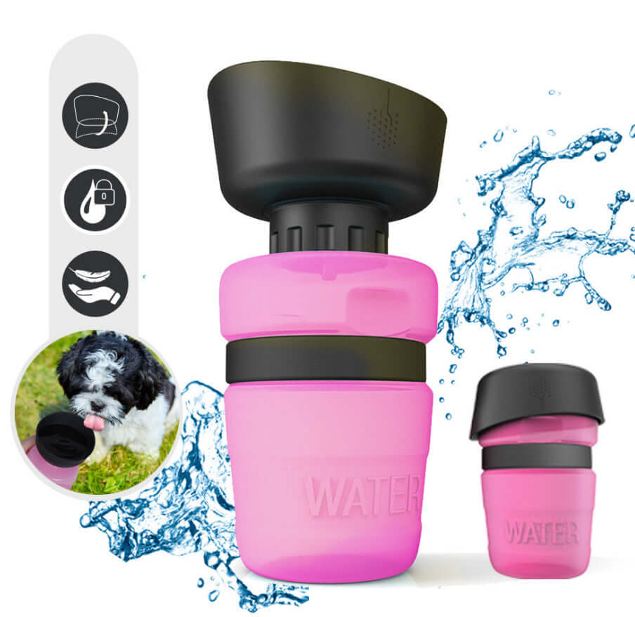 Bouteille d'eau pétillante pour animaux en silicone rose avec eau et icônes d'usage, parfaite pour chiens et chats.