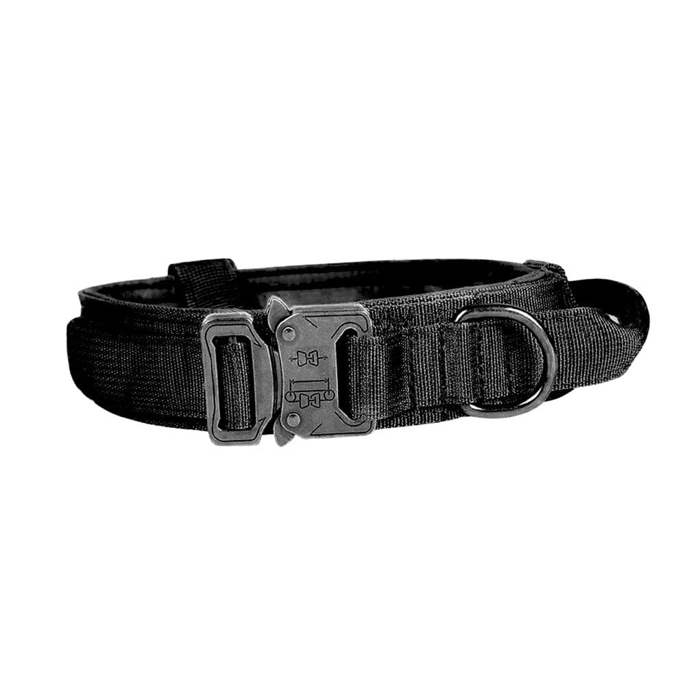 Collier tactique noir réglable en nylon pour chien, conçu pour confort et sécurité.
