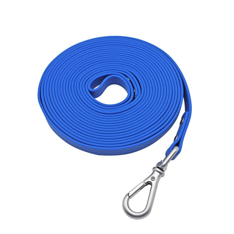 Laisse étanche en PVC pour chiens, longueur variée, couleur bleue, idéale pour promenades en plein air.
