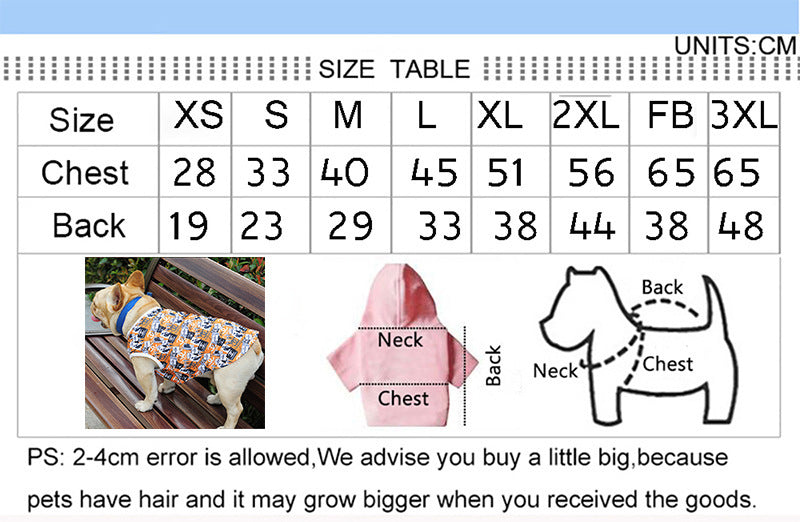 Size chart for a summer printed vest for dogs, featuring measurement details in centimeters.