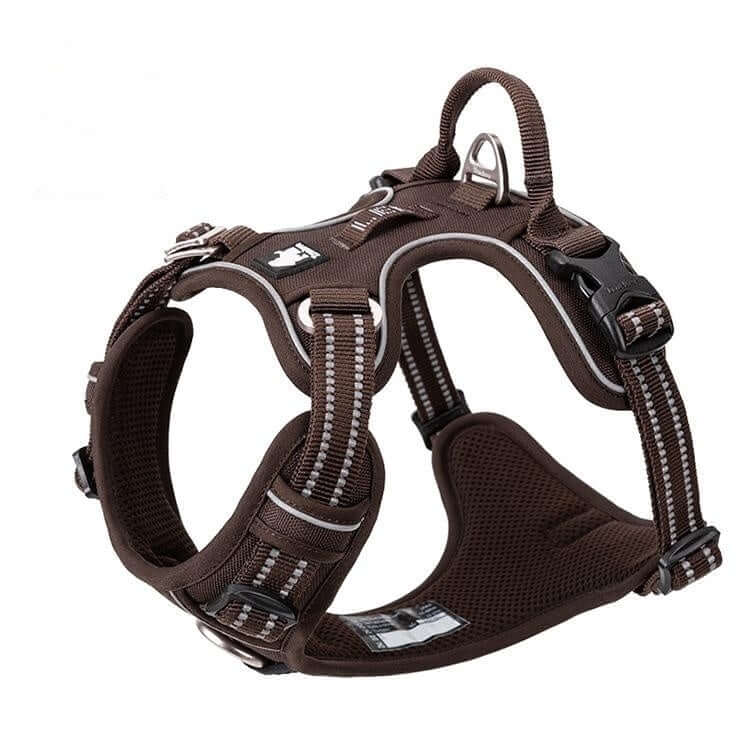 Gilet de sécurité pour chien en nylon marron avec sangle et corde de traction, idéal pour la protection et le confort.