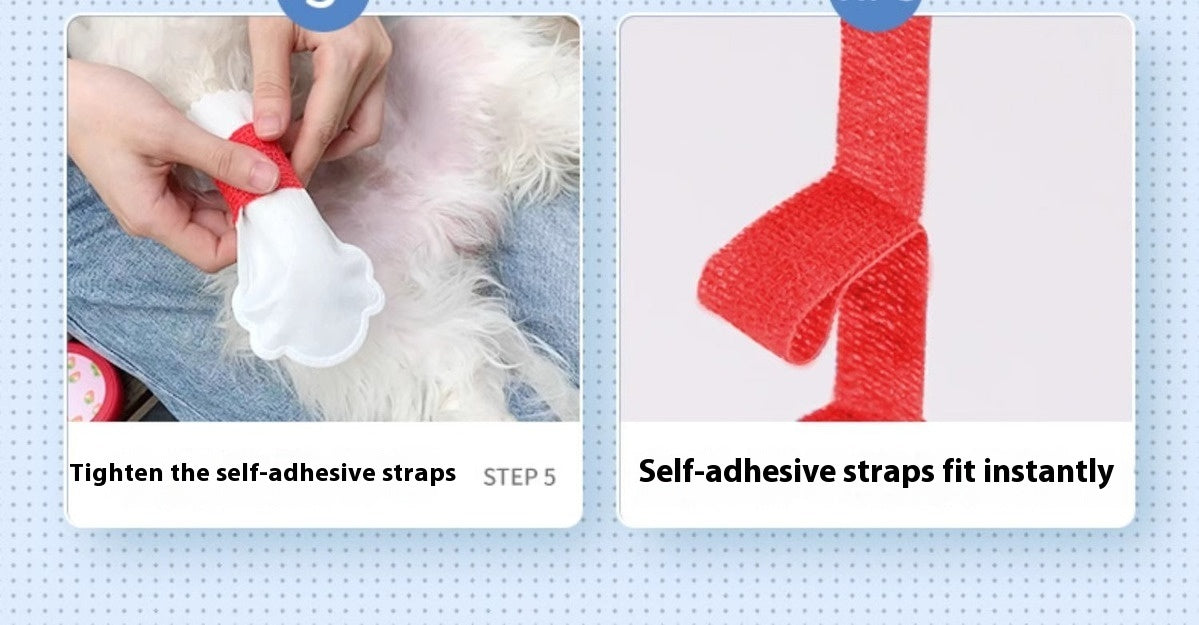 Instructions for tightening self-adhesive straps on pet shoes for optimal fit.