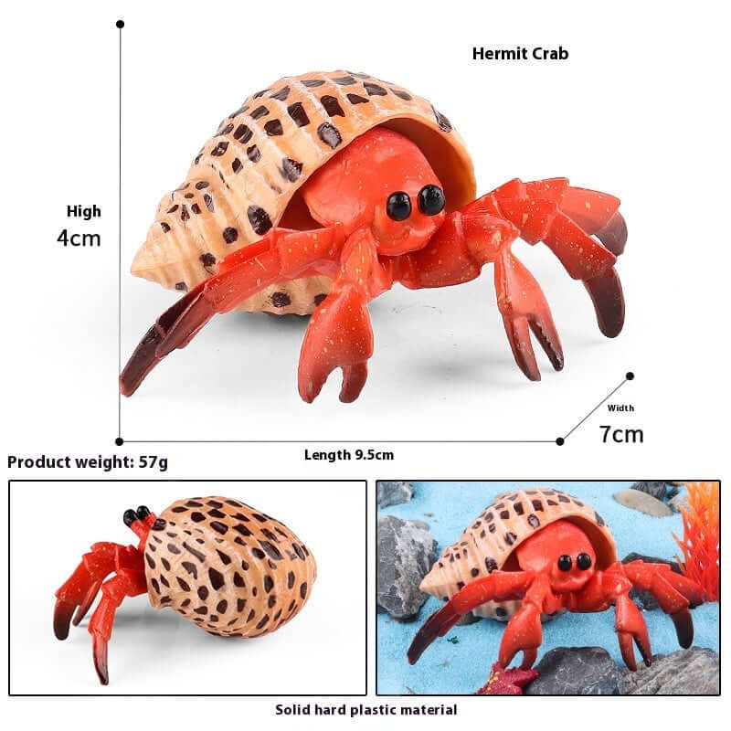 Jouet en plastique d'un crabe fantôme avec des dimensions et détails sur le poids et le matériau.