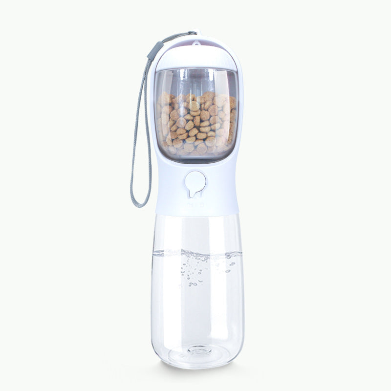 Gobelet portable pour animaux de compagnie avec compartiment pour croquettes et eau, idéal pour chiens et chats.