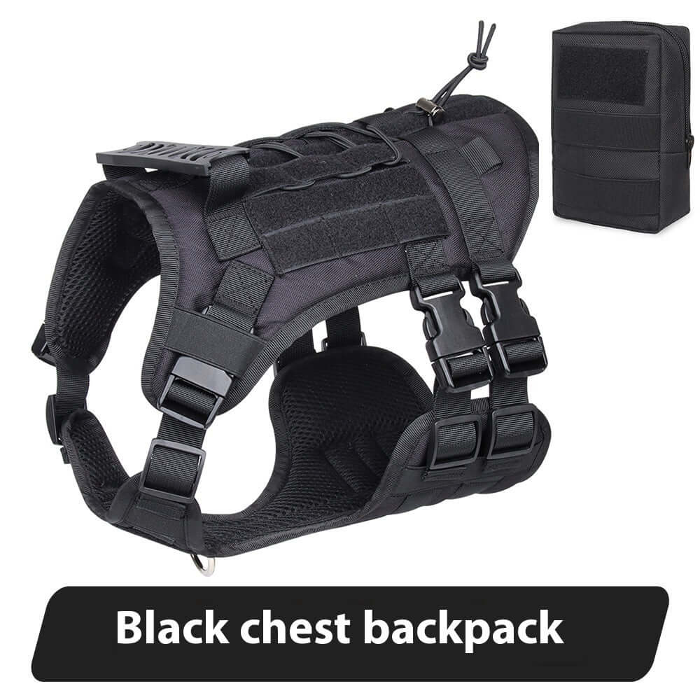 Black chest backpack harness for dogs, designed for comfort and outdoor adventures.