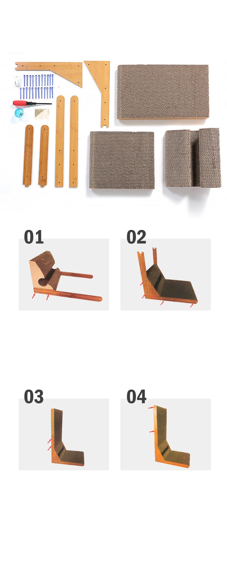 Kit de montage pour griffoir vertical pour chats incluant pièces et étapes d'assemblage.
