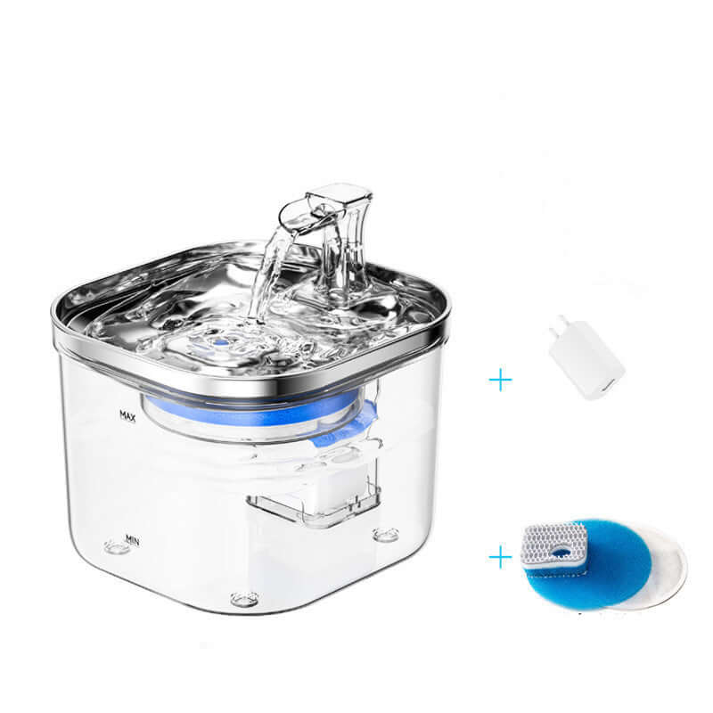 Fontaine automatique en acier inoxydable pour chats et chiens avec un réservoir transparent de 2L.