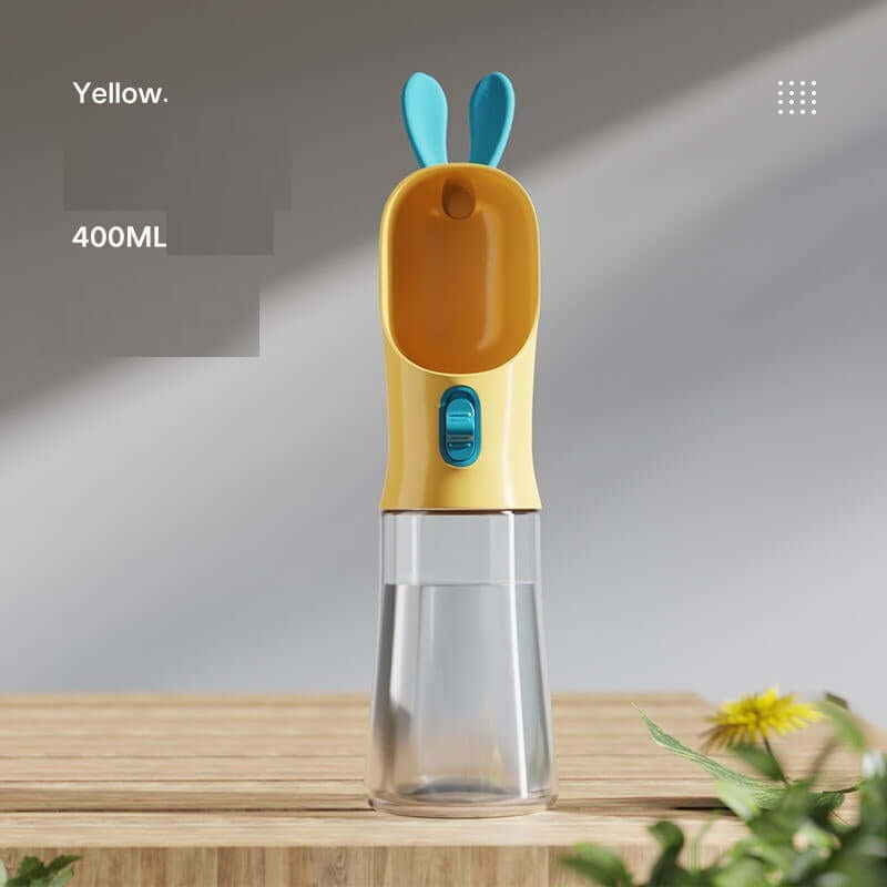 Gobelet portable jaune pour nourriture et eau pour animaux, 400 ml, avec des oreilles de lapin.