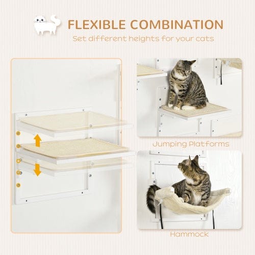 Étagères murales PawHut pour chats, avec plateformes et hamac ajustables en hauteur.