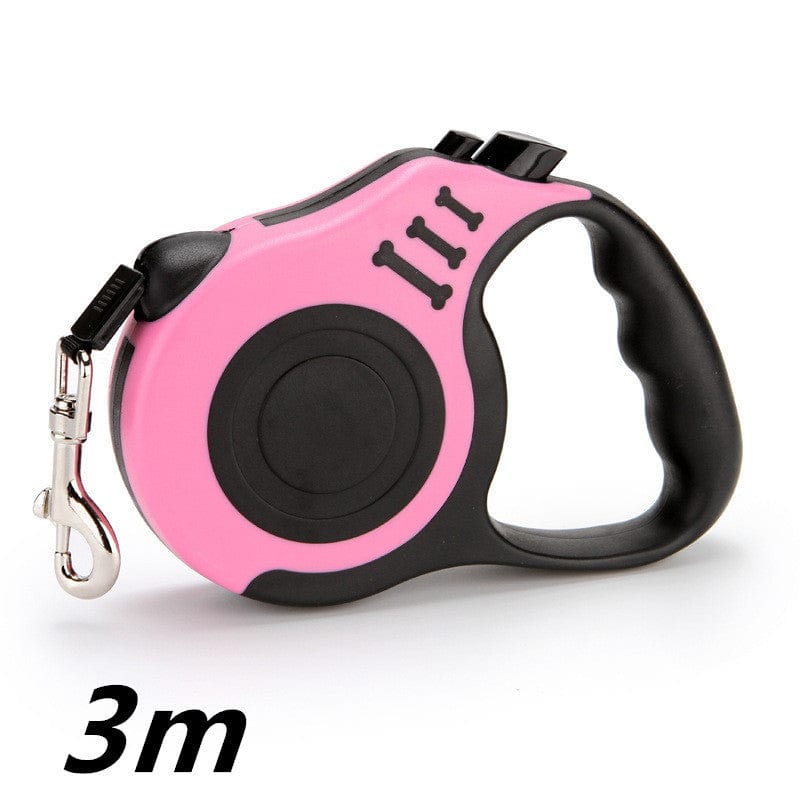 Laisse télescopique automatique pour animaux, pratique et sécuritaire, avec système de freinage, couleur rose, 3m de longueur.