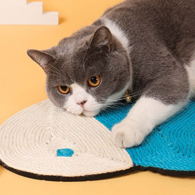 Chat couché sur un tapis à gratter en sisal naturel, préservant ses griffes tout en s'amusant.