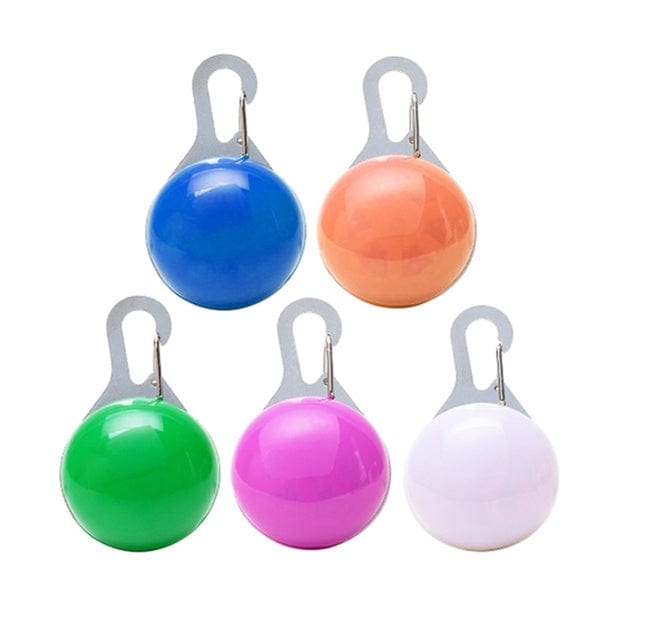 Set of five colorful LED clip-on lights for pet collars in blue, orange, green, pink, and white.