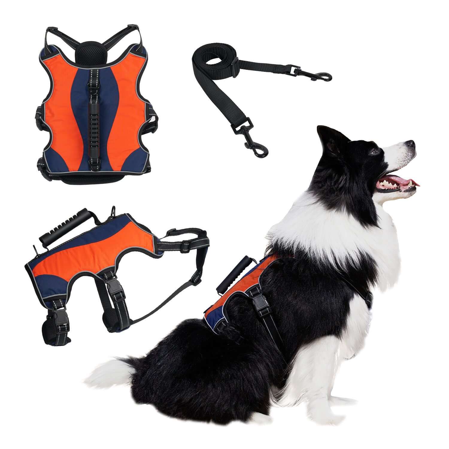 Gilet de traction orange pour grand chien avec sangle et corde, offrant confort et liberté de mouvement.