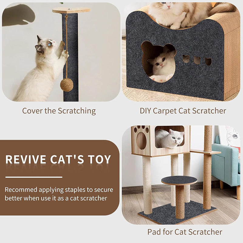 Chat jouant sur un griffoir en tissu, avec options de couverture et conseils d'utilisation pour les chats.