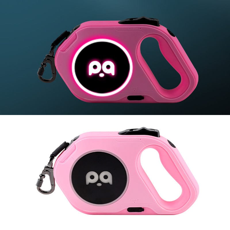 Laisse à chien LED rétractable automatique rose avec lumière intégrée pour promenades nocturnes.