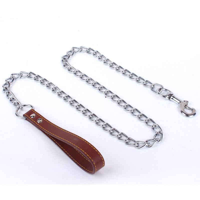 Laisse anti-morsure pour chien, chaîne en fer avec poignée en PU, couleur marron, 120cm.