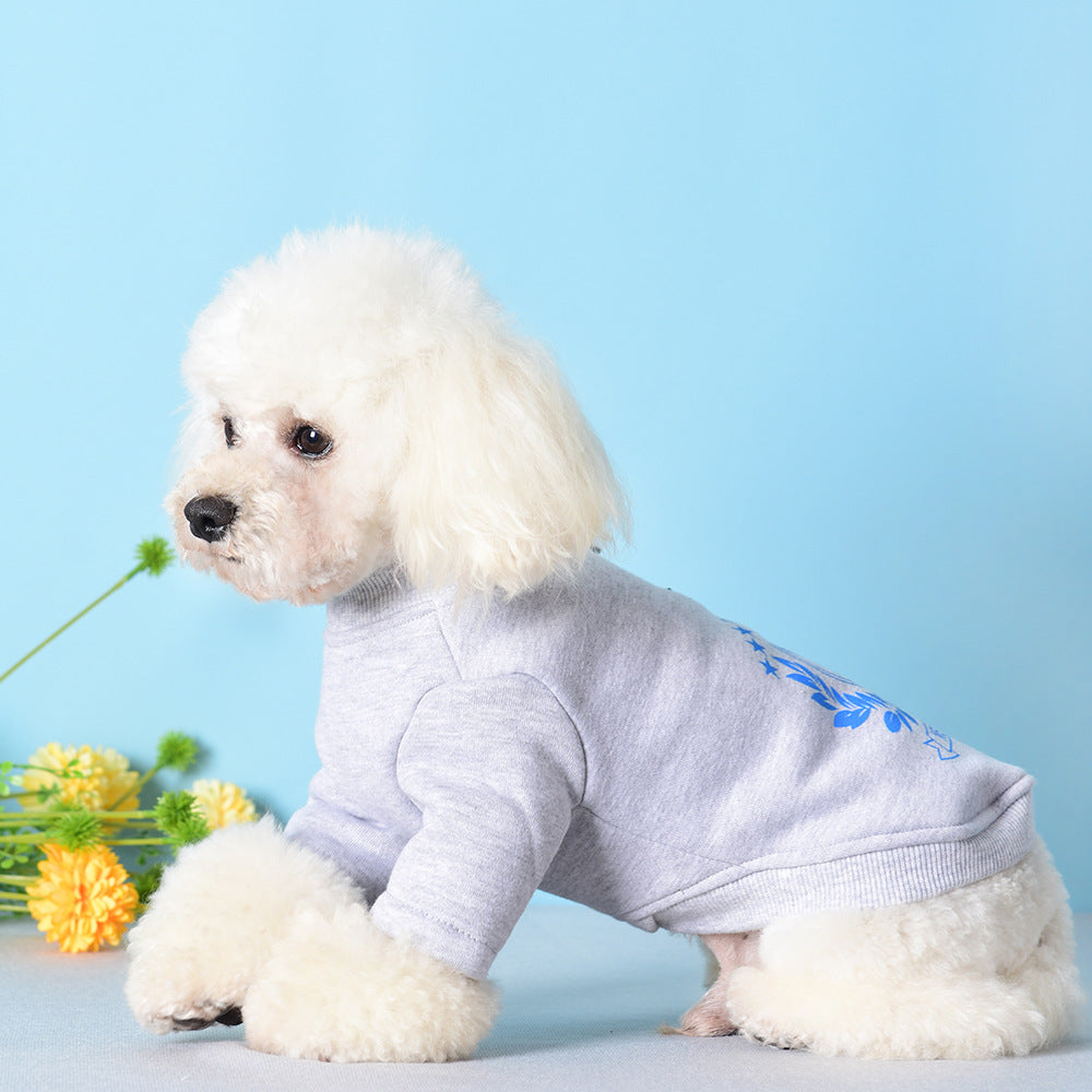 Chien portant un sweatshirt en coton doux, couleur gris, avec motif, idéal pour un look décontracté et confortable.
