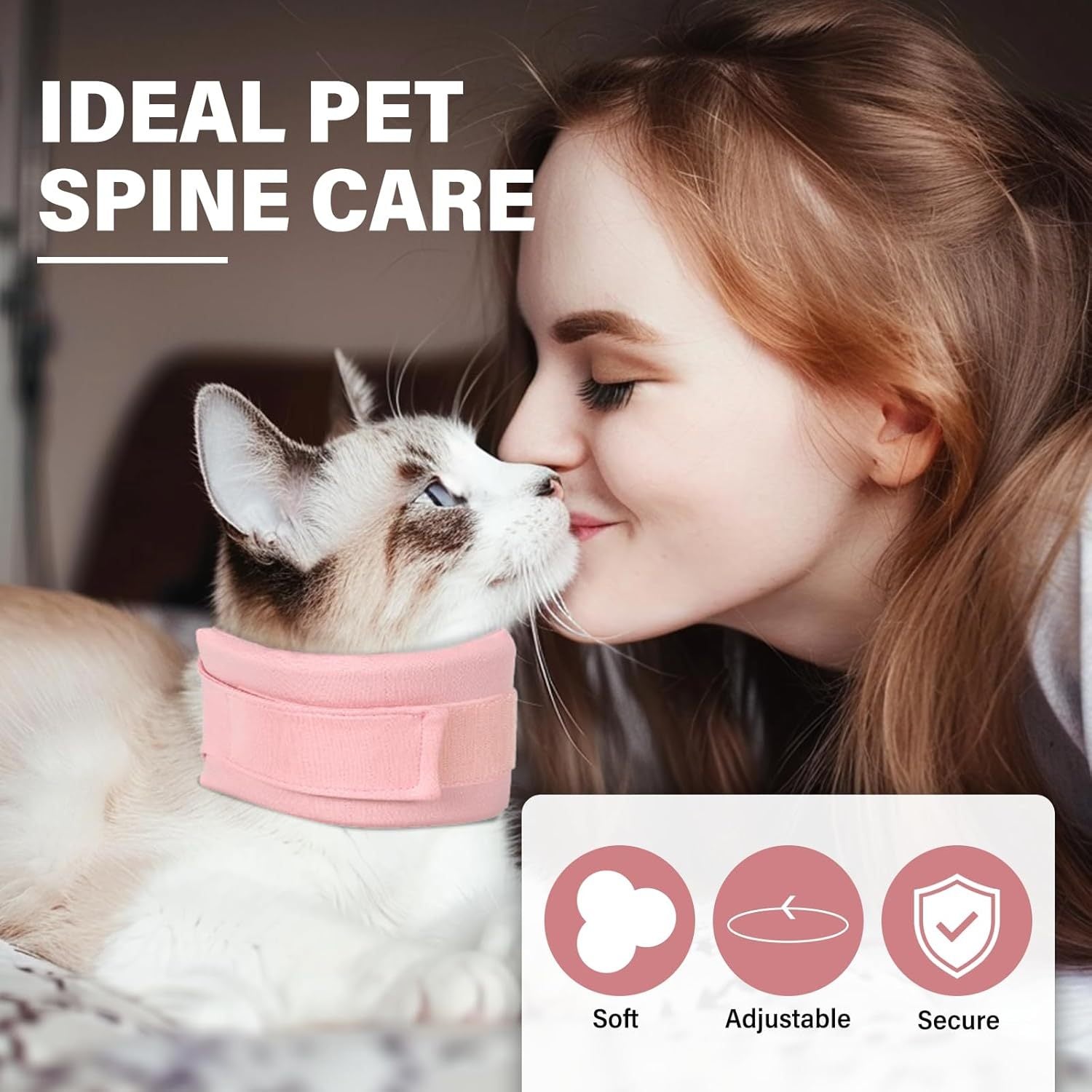 Woman kisses her cat wearing a soft, adjustable recovery collar for spine care.