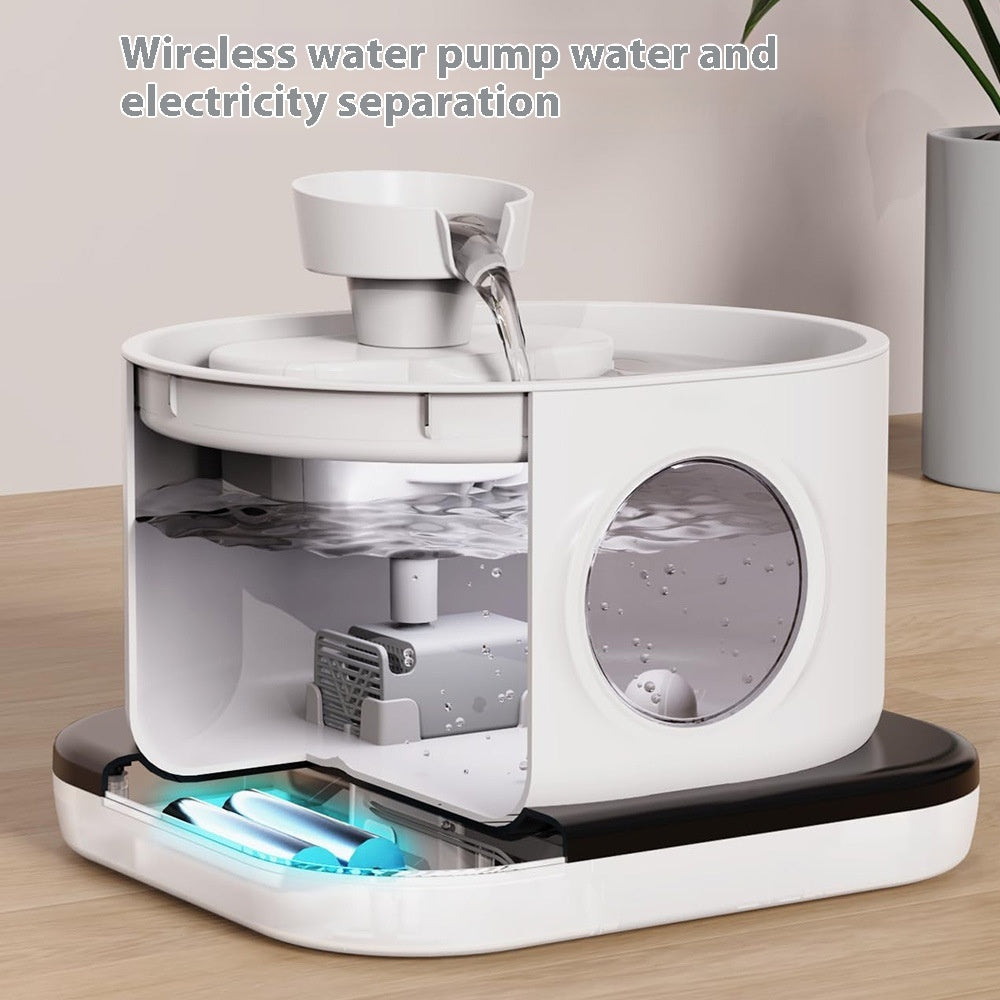 Fontaine à eau sans fil pour animaux, avec pompe à eau et séparation électricité-eau.