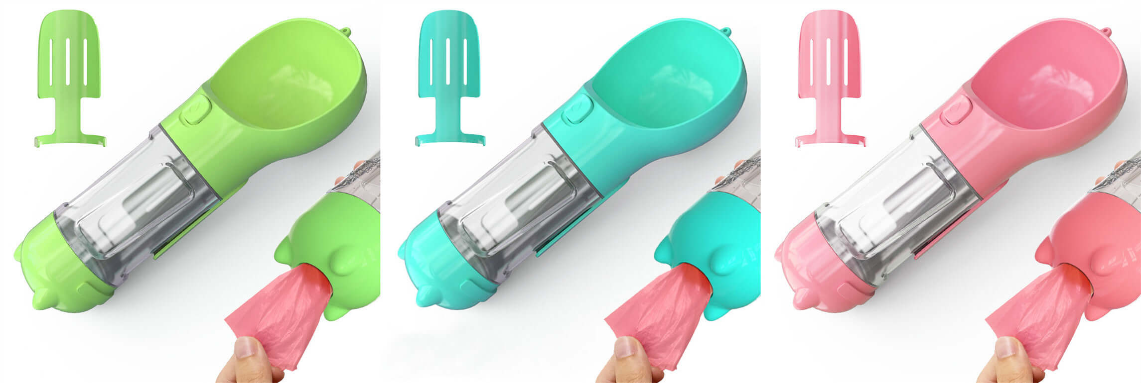 Bouteille d'eau portable 3 en 1 pour animaux, disponible en vert, bleu et rose, pratique pour l'hydratation en extérieur.