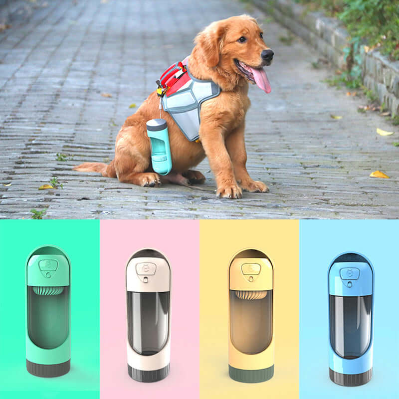 Chien heureux avec gobelet d'eau portable multifonction pour animaux en différentes couleurs.