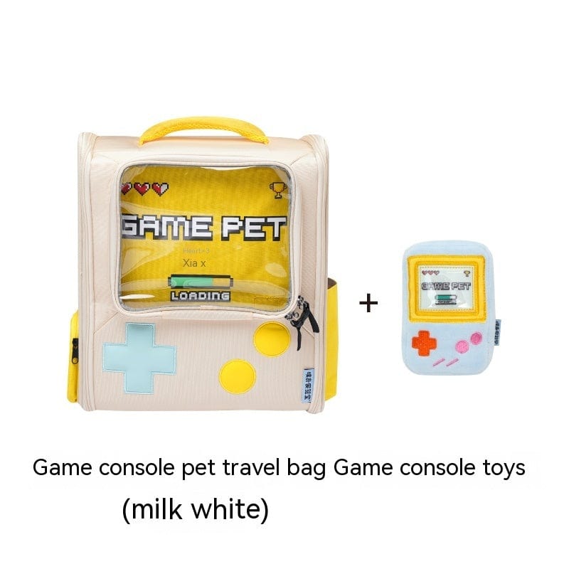 Sac à dos rétro pour animaux, couleur crème et bleu, avec jouet console de jeu pour un style vintage.