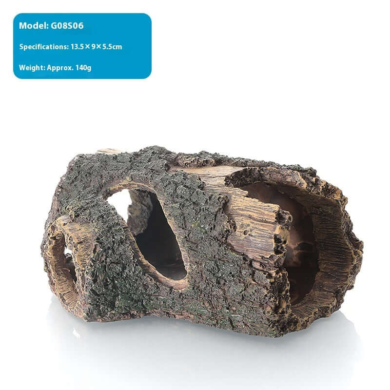 Décoration en résine pour aquarium, aspect naturel avec trous pour poissons, dimension 13,5x9x5,5 cm.