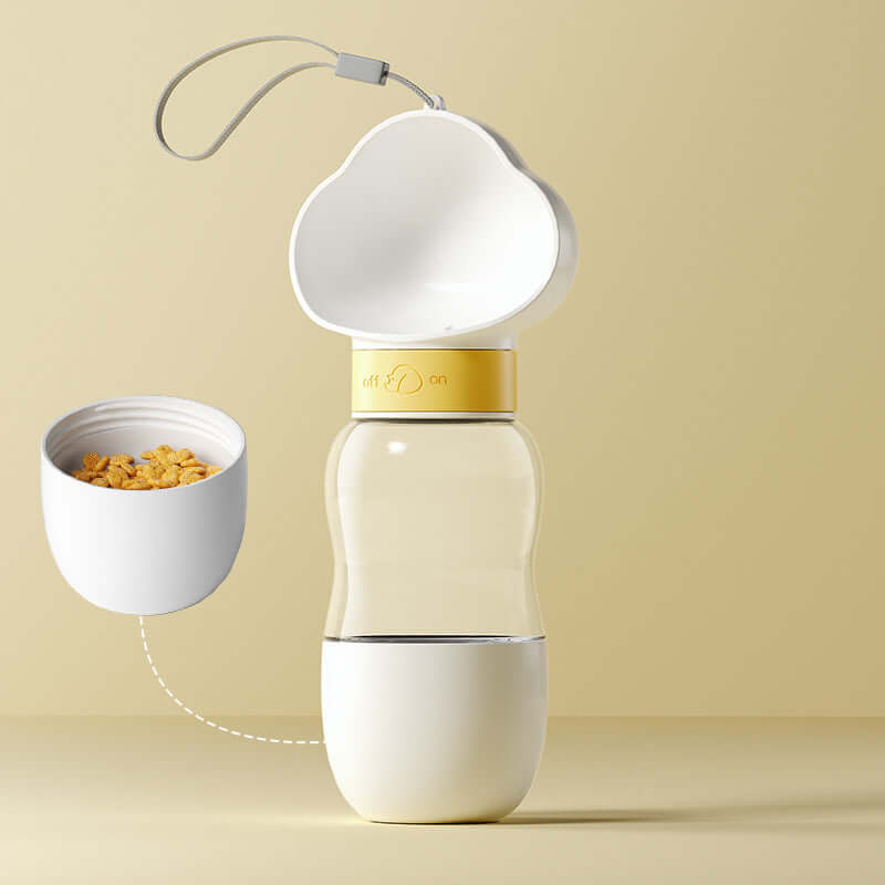 Gobelet d'eau portable pour chiens avec bol intégré, idéal pour l'hydratation en promenade.