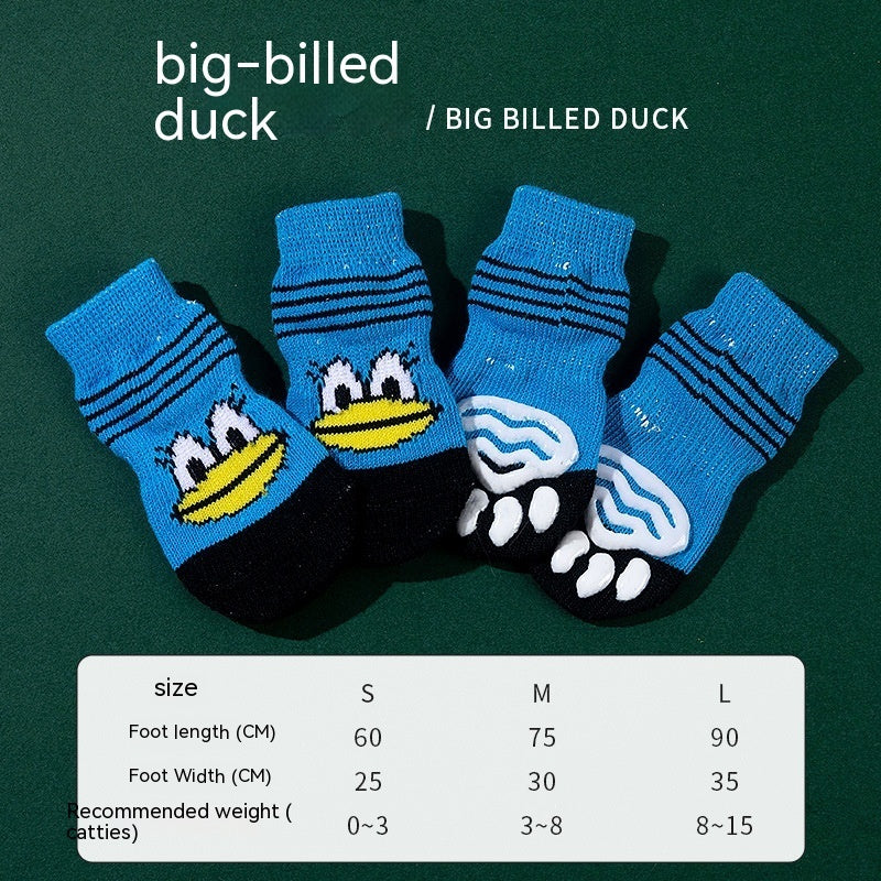 Chaussettes antidérapantes pour animaux motif canard, offrant confort et style pour vos compagnons à quatre pattes.